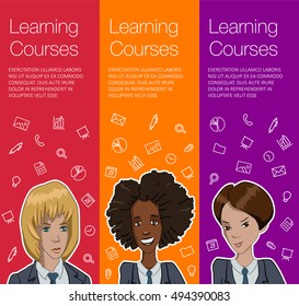 Layout of banner with business woman. Set of layout of banner for advertisement. Vector layout of woman talking. Banner for layout of minimal header. Layout banner for business workshop, training