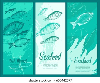 layout banners with. Vector illustration with sketches of fish. Round composition. Hand drawn fish. Blue design. Fish Market. Poster for seafood menu.