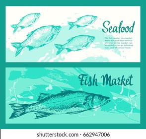 layout banners with. Vector illustration with sketches of fish. Round composition. Hand drawn fish. Blue design. Fish Market. Poster for seafood menu.