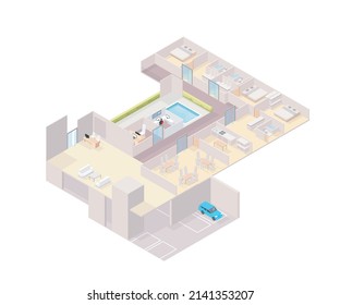 The layout of a big apartment with several rooms, parking place, and pool