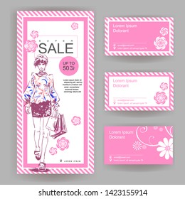 Layout for a big sale in fashion shop. Drawn fashion elegant girl in stylish clothes. Vector color booklet with business cards. Euro brochure