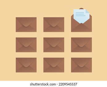 Layout Of Brown Envelopes With One Opened Envelope And A Sheet Of Paper In It. Vector Concept Illustration