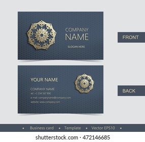 Layout business card with golden emblem on a dark blue background with ornament. Elegant abstract composition. Vintage style. Design templates. Easy to use and edit.