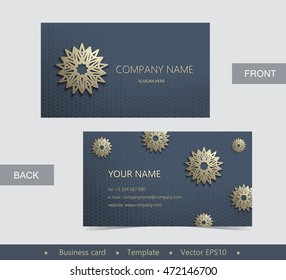Layout business card with golden emblem on a dark blue background with ornament. Elegant abstract composition. Vintage style. Design templates. Easy to use and edit.