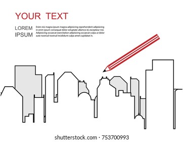 The layout of business cards, booklets with outlines of the buildings.