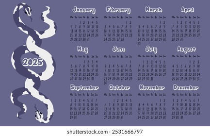 layout of the calendar for 2025 with modern snakeskin patterns in future dusk tones. Two snakes are entwined together. Minimalistic flat design with dark background for planning. Template for printing