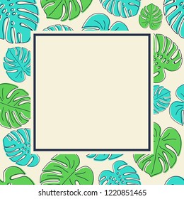 Layout of a card with copyspace and hand drawn tropical leaves in retro style. Vector.