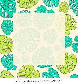 Layout of a card with copyspace and hand drawn tropical leaves in retro style. Vector.