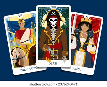 The layout of the cards of the senior arcana. The three cards are the chariot, death and justice. Occult esoteric spiritual Tarot. Numerology and fortune telling. Modern vector illustrations