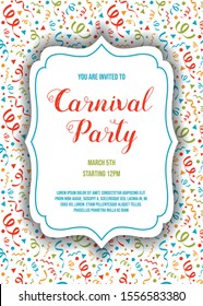 Layout of Carnaval Party invitation with colorful background with confetti. Vector