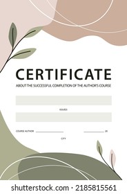 The layout of the certificate. A beautiful certificate with an abstract pink-green background and twigs with leaves. Vector illustration isolated for design and web.