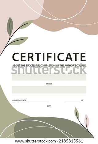 The layout of the certificate. A beautiful certificate with an abstract pink-green background and twigs with leaves. Vector illustration isolated for design and web.