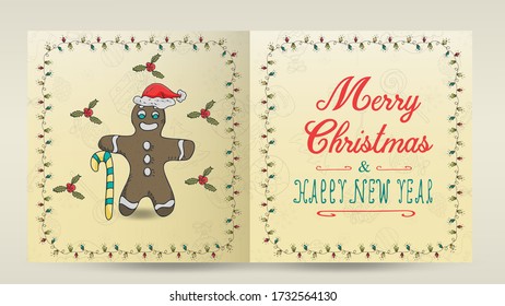 layout of Christmas and new year cards for the design of the print design in the style of childrens Doodle in a frame of garlands divided into two halves with a congratulatory inscription 