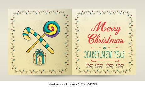 layout of Christmas and new year cards for decoration print design in the style of childrens Doodle in a frame of garlands divided into two halves with a congratulatory inscription candy box gift