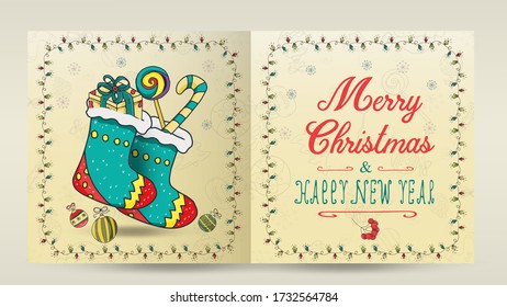 layout of Christmas and new year cards for the design of the print design in the style of childrens Doodle in a frame of garlands divided into two halves with a congratulatory inscription 