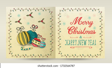 layout of Christmas and new year cards for decoration print design in the style of childrens Doodle in a frame of garlands divided into two halves with a congratulatory inscription toys balls