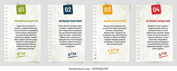 Layout of colorful note papers highlighting various ratings, perfect for feedback, review or presentation contexts emphasizing organization and clarity. Vector infographics illustration template.