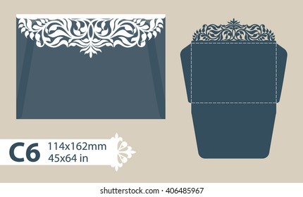 Layout congratulatory envelope with carved openwork pattern. Template is suitable for greeting cards, invitations, etc. Picture suitable for laser cutting, plotter cutting or printing. Vector