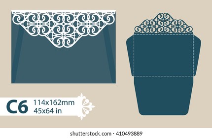 Layout congratulatory envelope with carved openwork pattern. Template is suitable for greeting cards, invitations, etc. Picture suitable for laser cutting, plotter cutting or printing. Vector