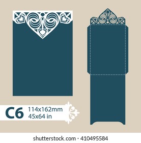 Layout congratulatory envelope with carved openwork pattern. Template is suitable for wedding greeting cards, invitations, etc. Picture suitable for laser cutting, plotter cutting or printing. Vector