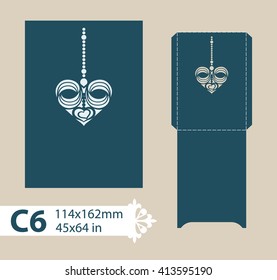 Layout congratulatory envelope with carved openwork pattern. Template is suitable for wedding greeting cards, invitations, etc. Picture suitable for laser cutting, plotter cutting or printing. Vector