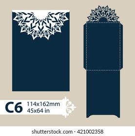 Layout congratulatory envelope with carved openwork pattern. Template is suitable for wedding greeting cards, invitations, etc. Picture suitable for laser cutting, plotter cutting or printing. Vector