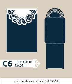 Layout congratulatory envelope with carved openwork pattern. Template is suitable for greeting cards, invitations, etc. Picture suitable for laser cutting, plotter cutting or printing. Vector