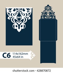 Layout congratulatory envelope with carved openwork pattern. Template is suitable for greeting cards, invitations, etc. Picture suitable for laser cutting, plotter cutting or printing. Vector