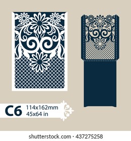 Layout congratulatory envelope with carved openwork pattern. Template is suitable for greeting cards, invitations, etc. Picture suitable for laser cutting, plotter cutting or printing. Vector