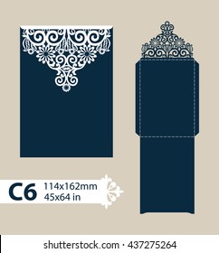 Layout congratulatory envelope with carved openwork pattern. Template is suitable for greeting cards, invitations, etc. Picture suitable for laser cutting, plotter cutting or printing. Vector