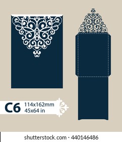 Layout congratulatory envelope with carved openwork pattern. Template is suitable for greeting cards, invitations, etc. Picture suitable for laser cutting, plotter cutting or printing. Vector