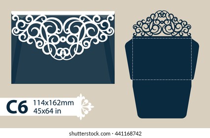 Layout congratulatory envelope with carved openwork pattern. Template is suitable for greeting cards, invitations, etc. Picture suitable for laser cutting, plotter cutting or printing. Vector