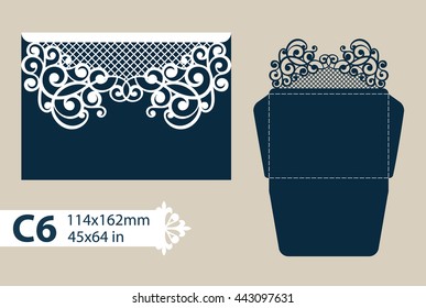 Layout congratulatory envelope with carved openwork pattern. Template is suitable for greeting cards, invitations, etc. Picture suitable for laser cutting, plotter cutting or printing. Vector