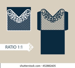 Layout congratulatory envelope with carved openwork pattern. The template for greetings, invitations, etc. Picture suitable for laser cutting, plotter cutting or printing. Vector