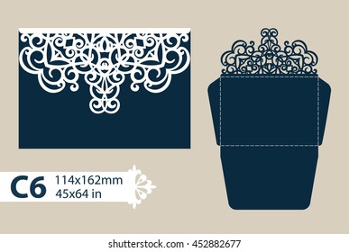 Layout congratulatory envelope with carved openwork pattern. The template for greetings, invitations, etc. Picture suitable for laser cutting, plotter cutting or printing. Vector