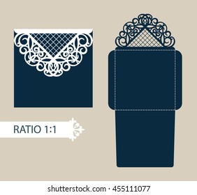 Layout congratulatory envelope with carved openwork pattern. The template for greetings, invitations, etc. Picture suitable for laser cutting, plotter cutting or printing. Vector