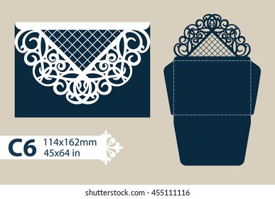 Layout congratulatory envelope with carved openwork pattern. The template for greetings, invitations, etc. Picture suitable for laser cutting, plotter cutting or printing. Vector