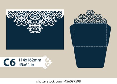 Layout congratulatory envelope with carved openwork pattern. The template for greetings, invitations, etc. Picture suitable for laser cutting, plotter cutting or printing. Vector