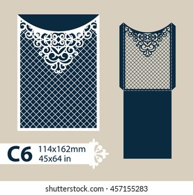 Layout congratulatory envelope with carved openwork pattern. The template for greetings, invitations, etc. Picture suitable for laser cutting, plotter cutting or printing. Vector