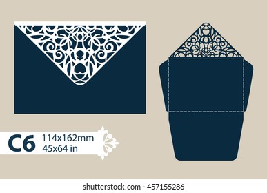 Layout congratulatory envelope with carved openwork pattern. The template for greetings, invitations, etc. Picture suitable for laser cutting, plotter cutting or printing. Vector