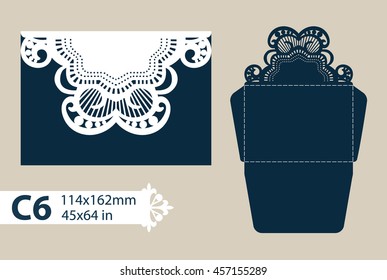 Layout congratulatory envelope with carved openwork pattern. The template for greetings, invitations, etc. Picture suitable for laser cutting, plotter cutting or printing. Vector