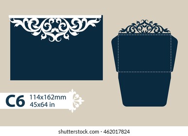 Layout congratulatory envelope with carved openwork pattern. The template for greetings, invitations, etc. Picture suitable for laser cutting, plotter cutting or printing. Vector