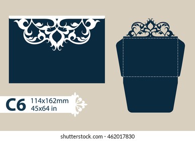 Layout congratulatory envelope with carved openwork pattern. The template for greetings, invitations, etc. Picture suitable for laser cutting, plotter cutting or printing. Vector