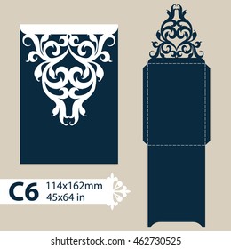 Layout congratulatory envelope with carved openwork pattern. The template for greetings, invitations, etc. Picture suitable for laser cutting, plotter cutting or printing. Vector