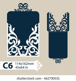 Layout congratulatory envelope with carved openwork pattern. The template for greetings, invitations, etc. Picture suitable for laser cutting, plotter cutting or printing. Vector