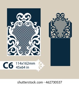 Layout congratulatory envelope with carved openwork pattern. The template for greetings, invitations, etc. Picture suitable for laser cutting, plotter cutting or printing. Vector