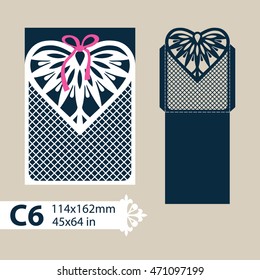 Layout congratulatory envelope with carved openwork pattern heart. Template for wedding greeting cards, invitations, etc. Picture suitable for laser cutting, plotter cutting or printing. Vector