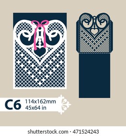 Layout congratulatory envelope with carved openwork pattern heart. Template for wedding greeting cards, invitations, etc. Picture suitable for laser cutting, plotter cutting or printing. Vector