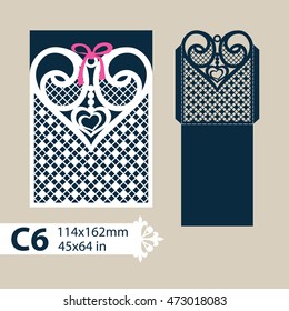 Layout congratulatory envelope with carved openwork pattern heart. Template for wedding greeting cards, invitations, etc. Picture suitable for laser cutting, plotter cutting or printing. Vector