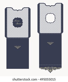 Layout congratulatory envelope with carved openwork pattern. Template is suitable for greeting card, invitation. Picture suitable for laser cutting, plotter cutting or printing.  Vector illustration.
